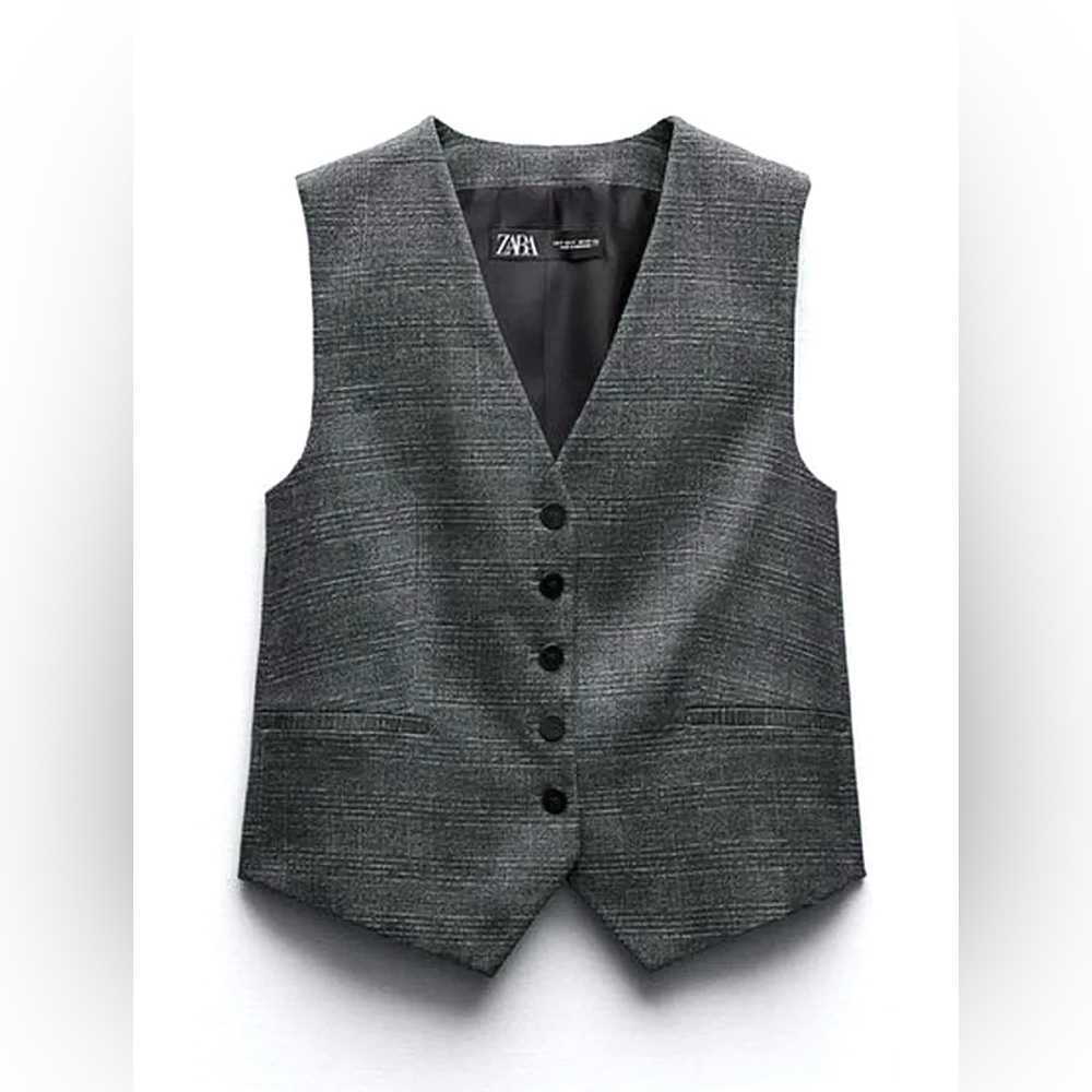 NWT Zara Gray Plaid Button-Up Vest XL